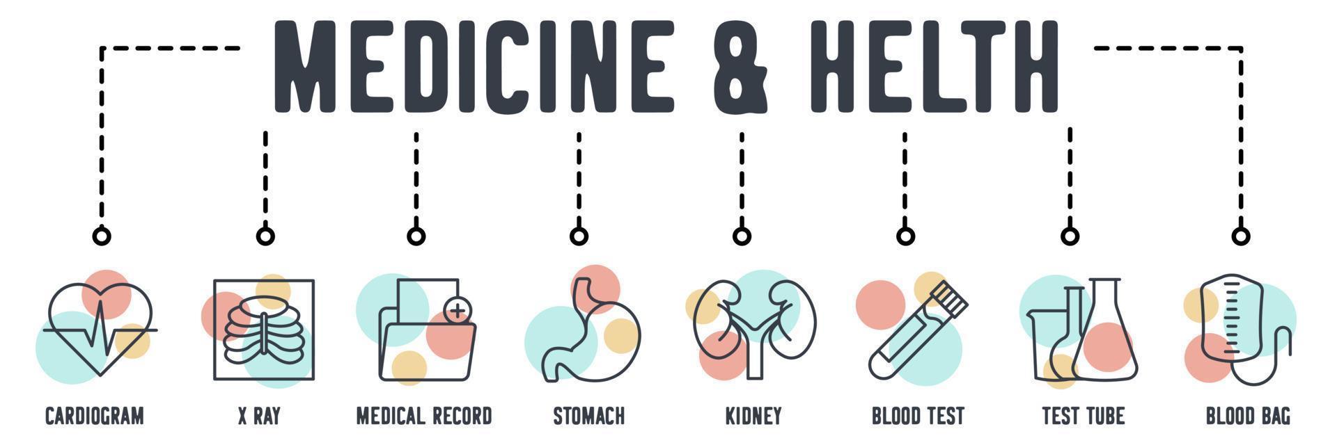 medicin och hälsa banner webbikon. kardiogram, röntgen, journal, mage, njure, blodprov, provrör, blodpåse vektor illustration koncept.