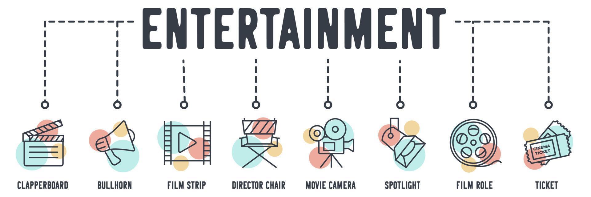 Web-Symbol für Kinounterhaltung. Klappe, Megaphon, Filmstreifen, Regiestuhl, Filmkamera, Scheinwerfer, Filmrolle, Ticketvektor-Illustrationskonzept. vektor