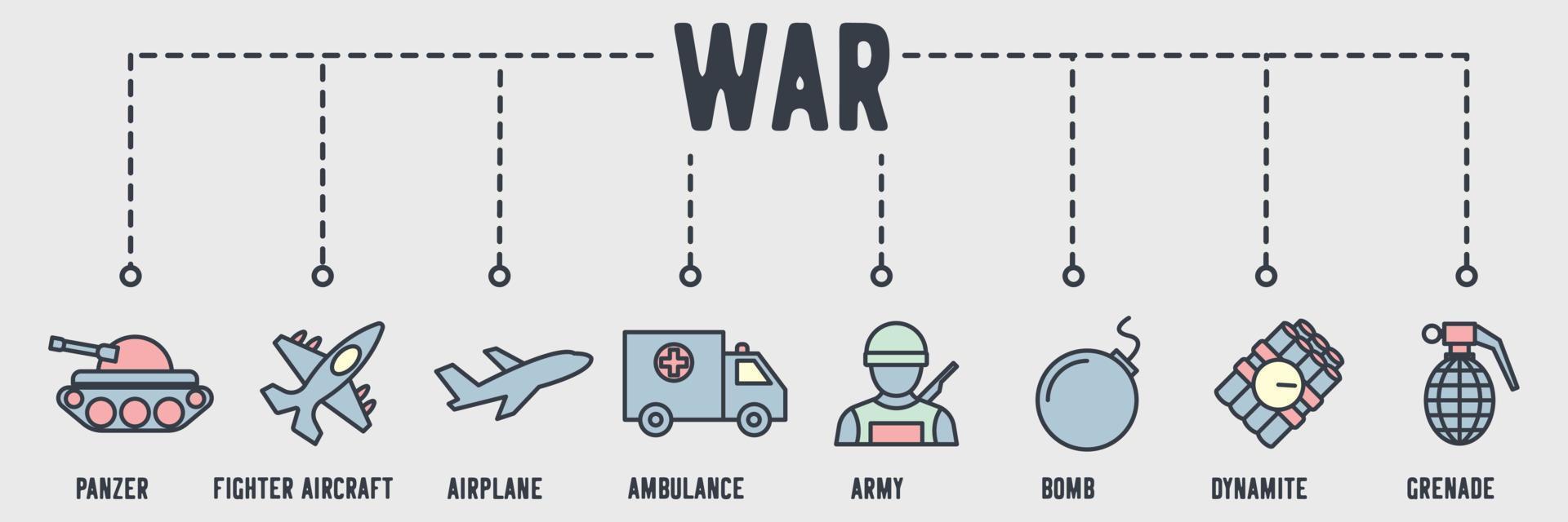 Satz von Armee-Banner-Web-Symbol. panzer, kampfflugzeug, flugzeug, krankenwagen, armee, bombe, dynamit, granatenvektorillustrationskonzept. vektor