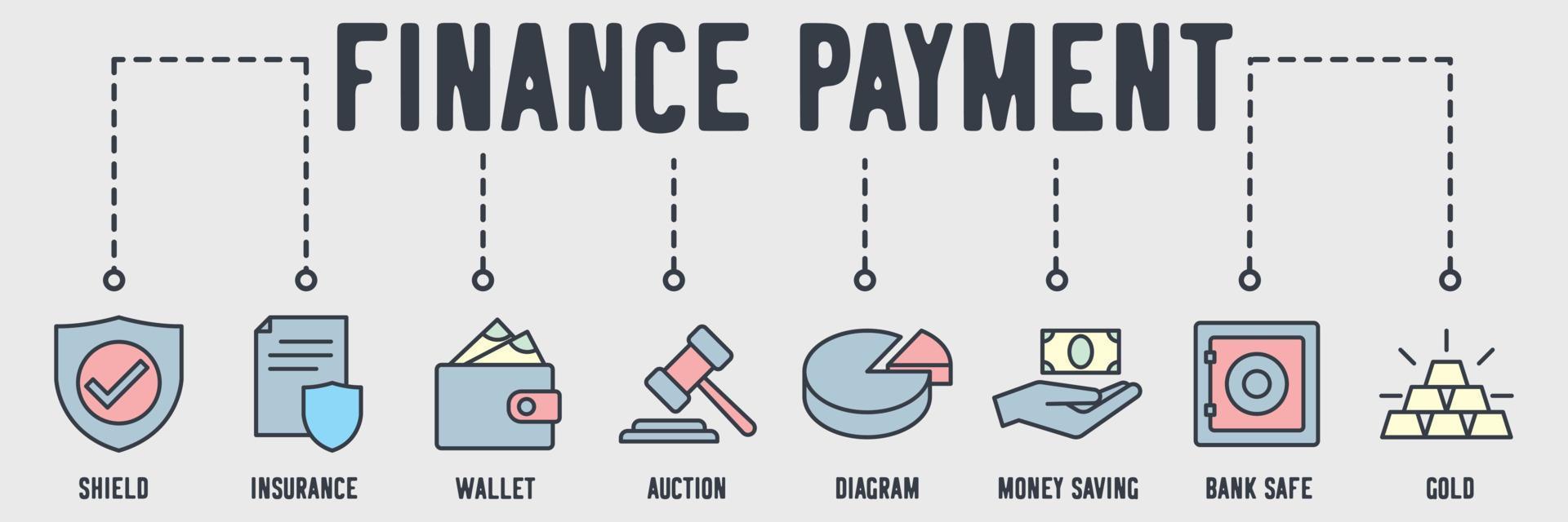 Web-Symbol für Finanzzahlungen. schild, versicherung, brieftasche, versteigerung, diagramm, geldeinsparung, banksafe, goldvektorillustrationskonzept. vektor