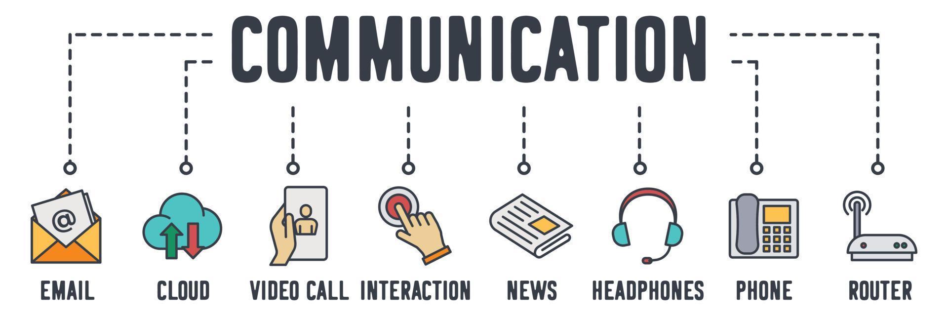 kommunikation webbikon. e-post, molnanslutning, videosamtal, interaktion, nyheter, hörlurar, kontorstelefon, router vektorillustration koncept. vektor
