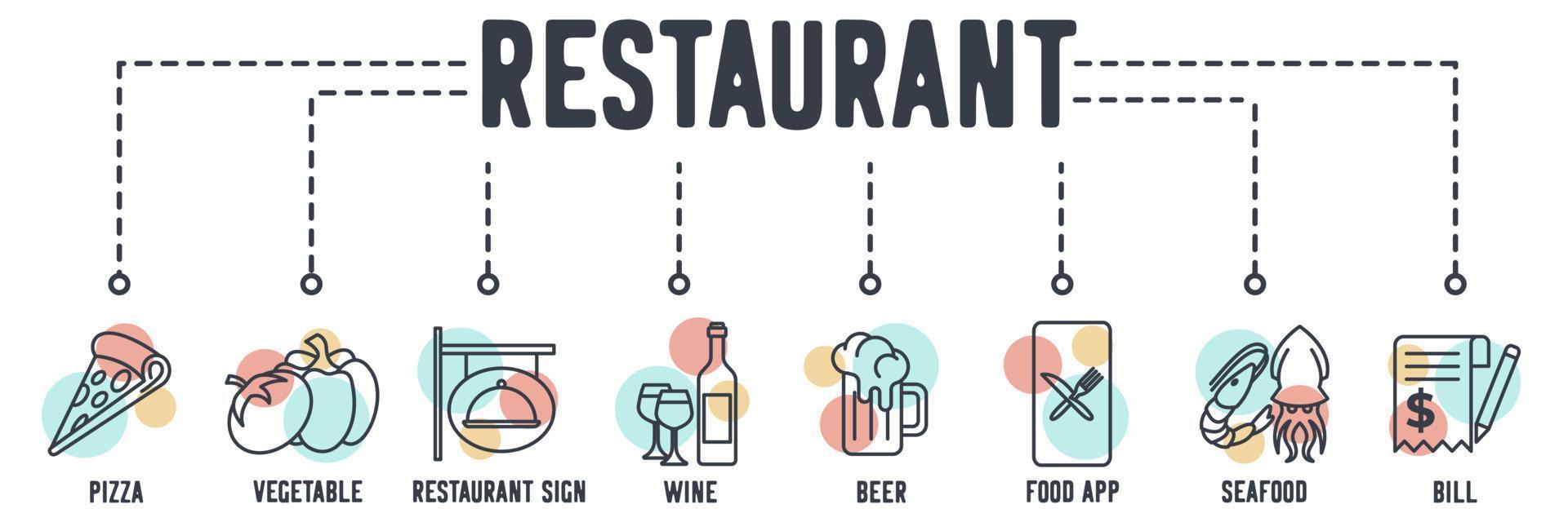 Restaurant-Banner-Web-Symbol. pizza, gemüse, restaurantschild, wein, bier, lebensmittel-app, meeresfrüchte, rechnungsvektorillustrationskonzept. vektor