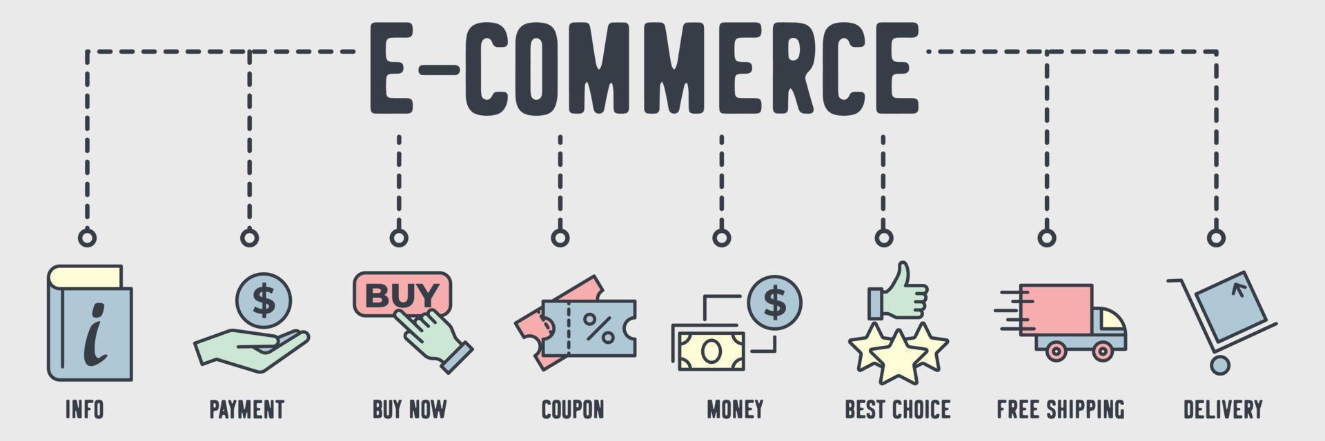 E-Commerce-Banner-Web-Symbol. info, zahlung, jetzt kaufen, gutschein, geld, beste wahl, lieferung, kostenloser versand, vektorillustrationskonzept. vektor