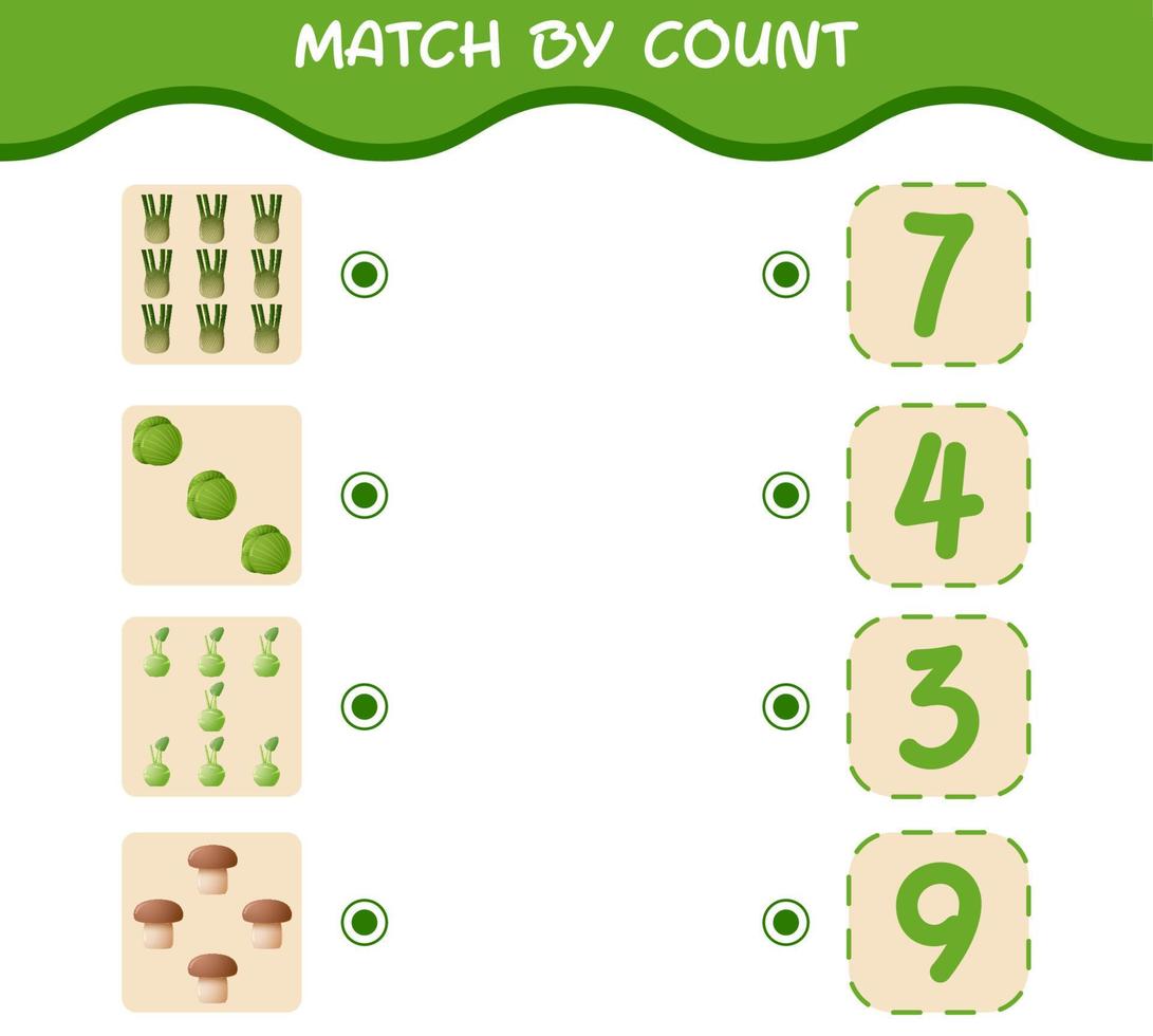 Übereinstimmung durch Anzahl von Cartoon-Gemüse. Match-and-Count-Spiel. Lernspiel für Kinder und Kleinkinder im Vorschulalter vektor