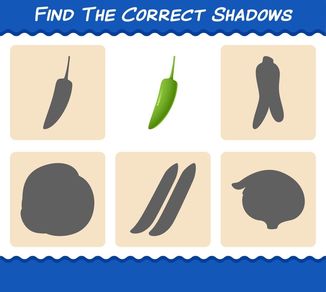 Finden Sie die richtigen Schatten von Cartoon-Grün-Chili. Such- und Zuordnungsspiel. Lernspiel für Kinder und Kleinkinder im Vorschulalter vektor
