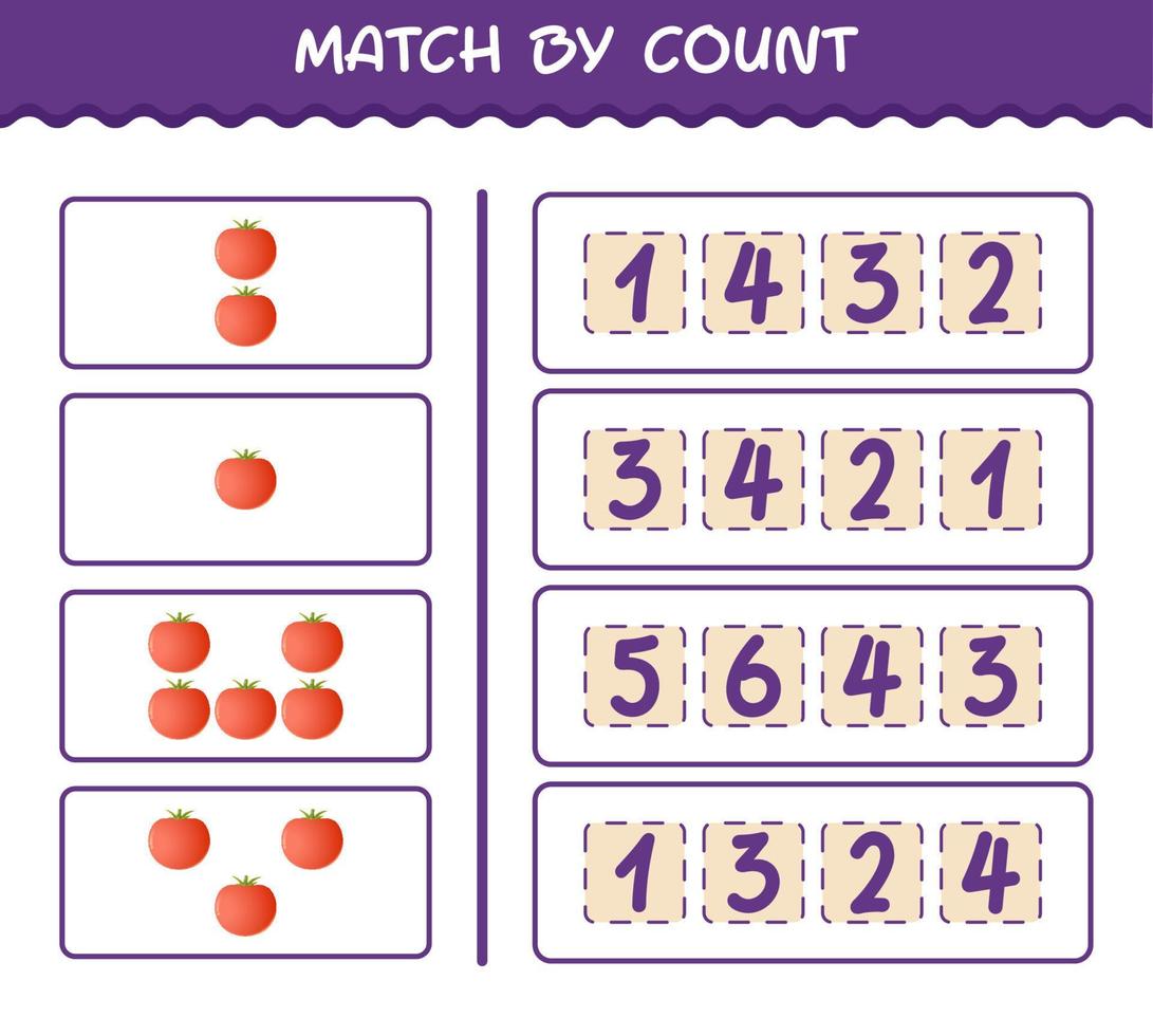 matcha efter antal tecknade tomater. match och räkna spel. pedagogiskt spel för barn och småbarn i förskoleåldern vektor