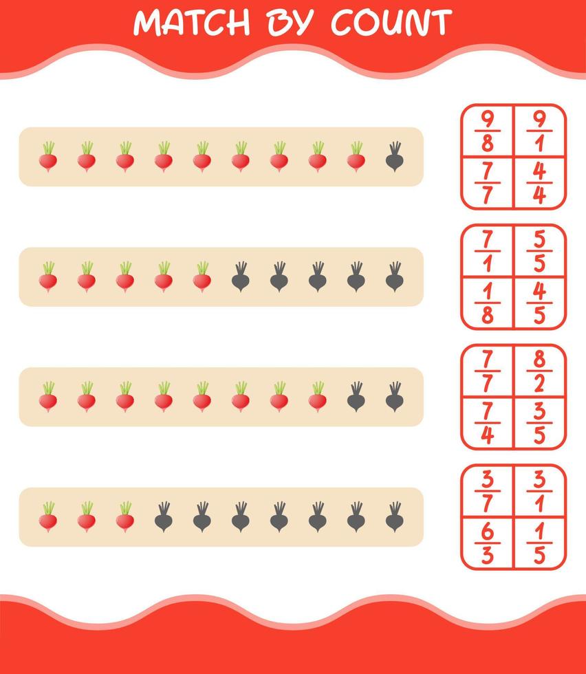 Übereinstimmung durch Anzahl von Cartoon-Rettich. Match-and-Count-Spiel. Lernspiel für Kinder und Kleinkinder im Vorschulalter vektor