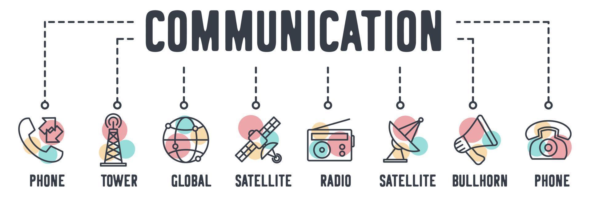kommunikation banner webbikon. telefonkonversation, broadcast torn, global anslutning, satellit, radio, antenn satellit, bullhorn, klassisk telefon vektor illustration koncept.