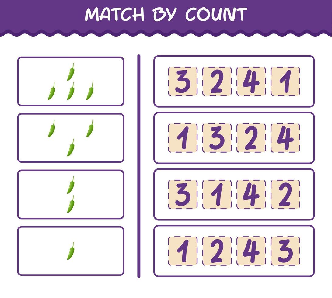 Übereinstimmung durch Zählung der grünen Chilischoten der Karikatur. Match-and-Count-Spiel. Lernspiel für Kinder und Kleinkinder im Vorschulalter vektor