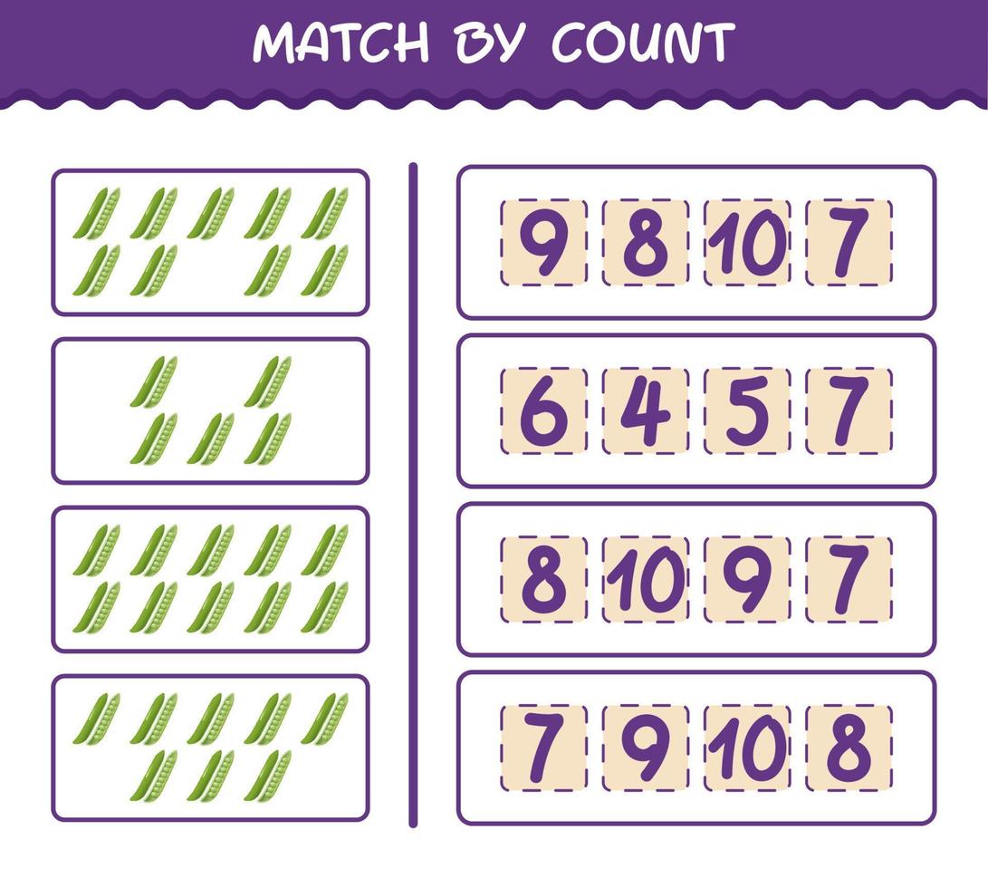 Übereinstimmung durch Zählung der Cartoon-Erbse. Match-and-Count-Spiel. Lernspiel für Kinder und Kleinkinder im Vorschulalter vektor