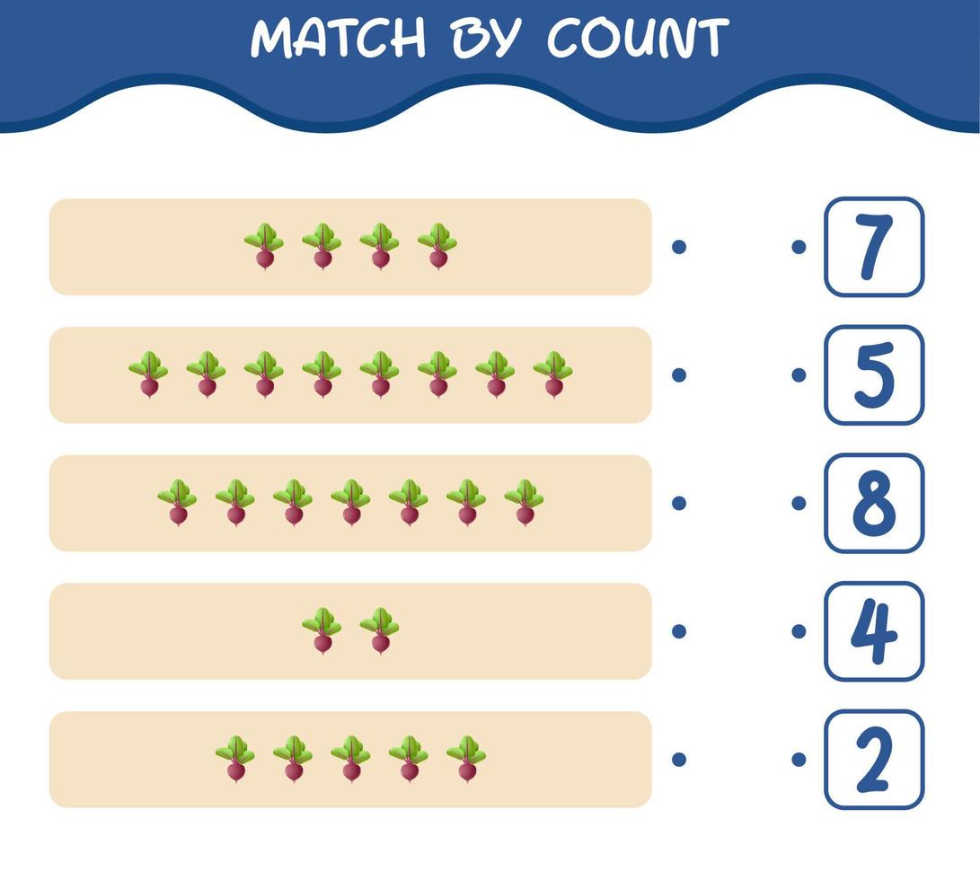 Match nach Anzahl der Cartoon-Rüben. Match-and-Count-Spiel. Lernspiel für Kinder und Kleinkinder im Vorschulalter vektor