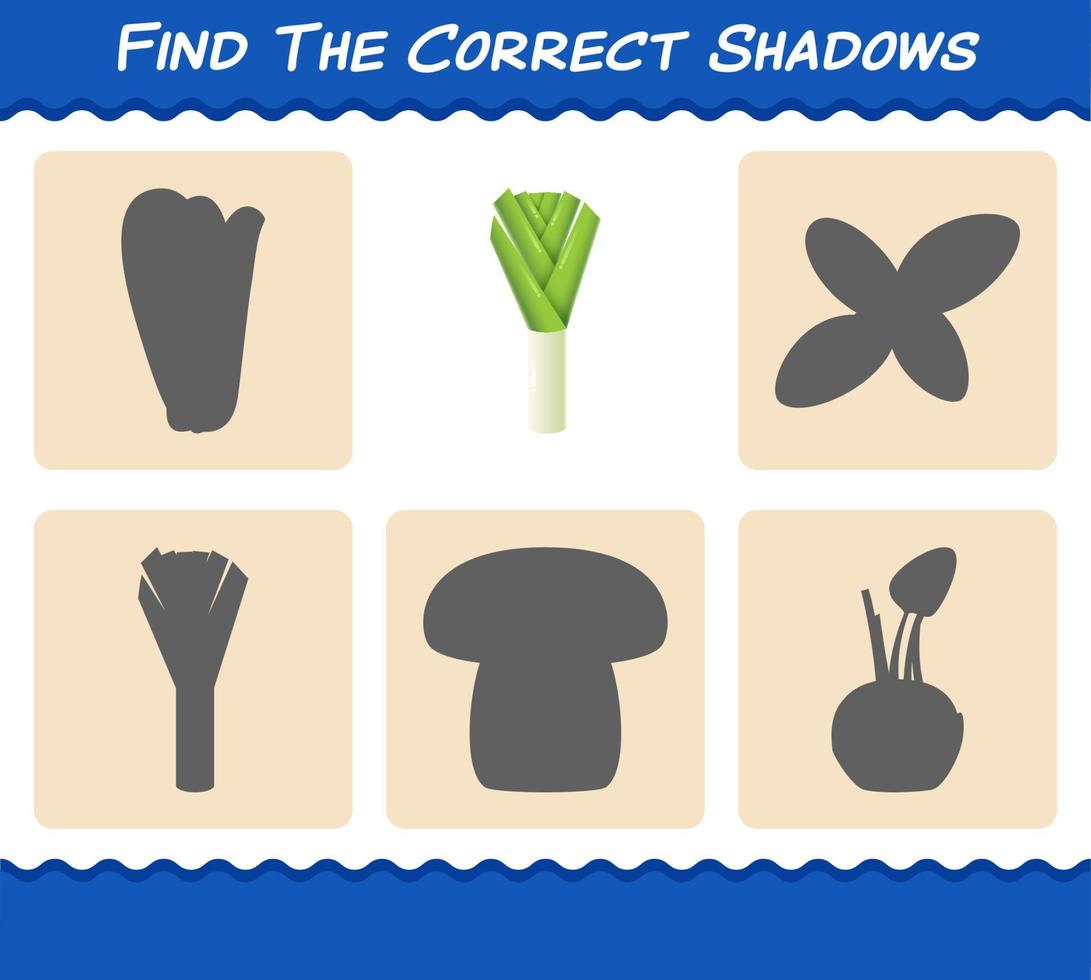 Finden Sie die richtigen Schatten von Cartoon-Lauch. Such- und Zuordnungsspiel. Lernspiel für Kinder und Kleinkinder im Vorschulalter vektor