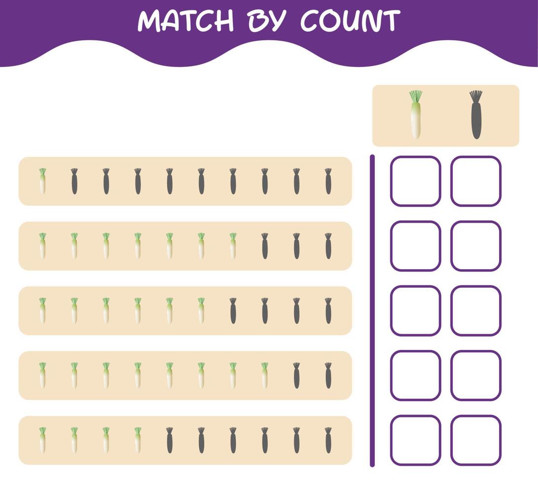 Übereinstimmung durch Anzahl von Cartoon-Daikon. Match-and-Count-Spiel. Lernspiel für Kinder und Kleinkinder im Vorschulalter vektor