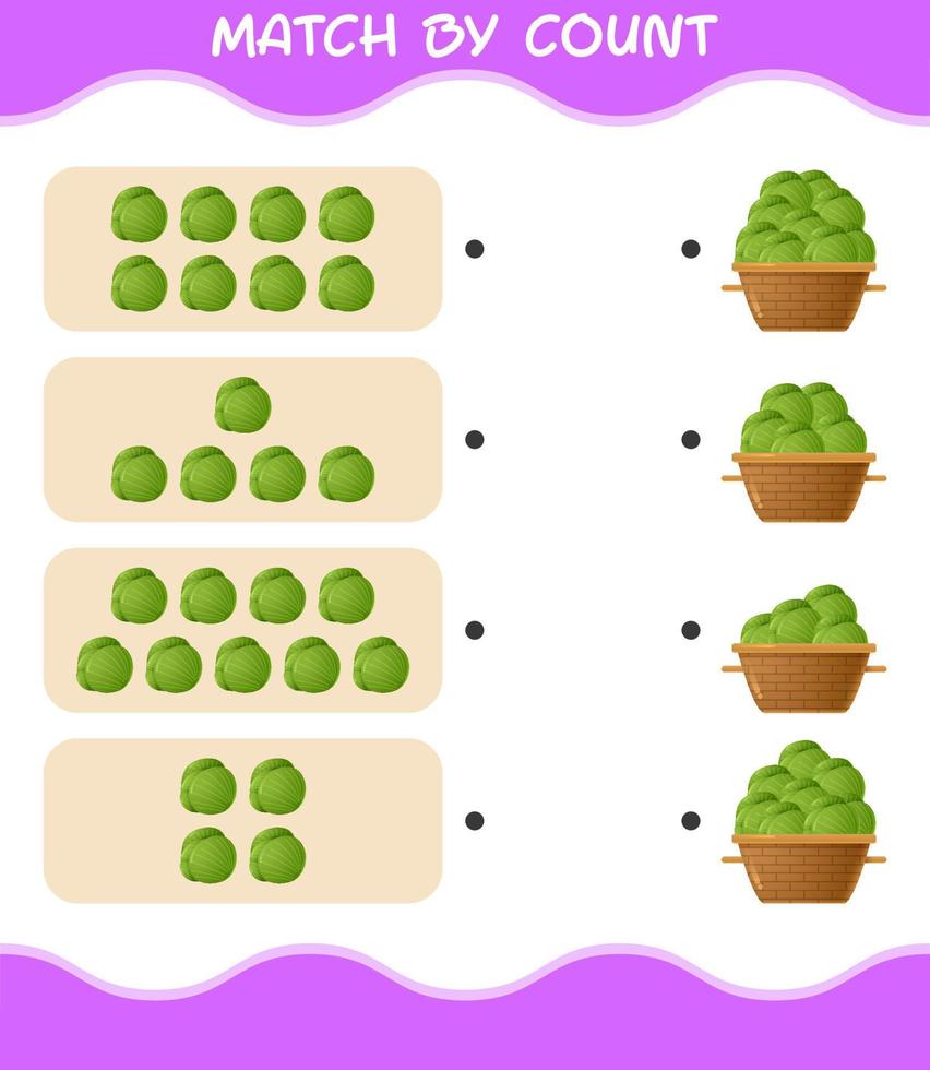 Übereinstimmung durch Anzahl von Cartoon-Grünkohl. Match-and-Count-Spiel. Lernspiel für Kinder und Kleinkinder im Vorschulalter vektor
