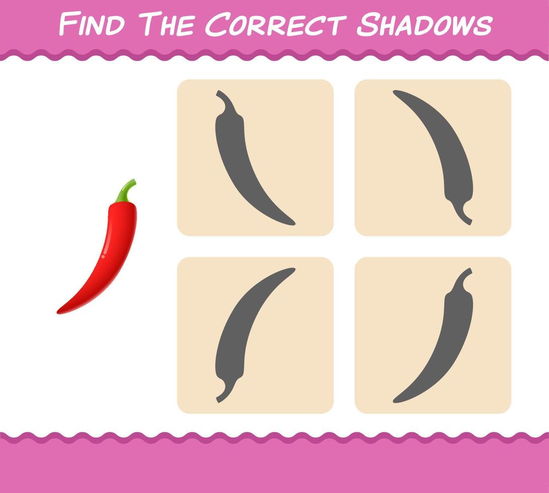 Finden Sie die richtigen Schatten von Cartoon-rotem Chili. Such- und Zuordnungsspiel. Lernspiel für Kinder und Kleinkinder im Vorschulalter vektor