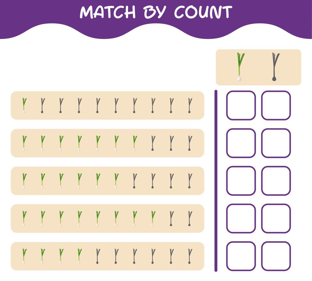 Übereinstimmung durch Zählung der Cartoon-Frühlingszwiebel. Match-and-Count-Spiel. Lernspiel für Kinder und Kleinkinder im Vorschulalter vektor