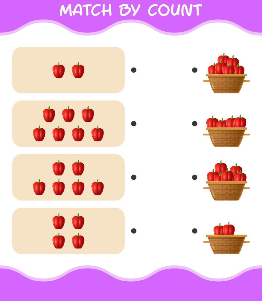 matcha efter antal av tecknad paprika. match och räkna spel. pedagogiskt spel för barn och småbarn i förskoleåldern vektor