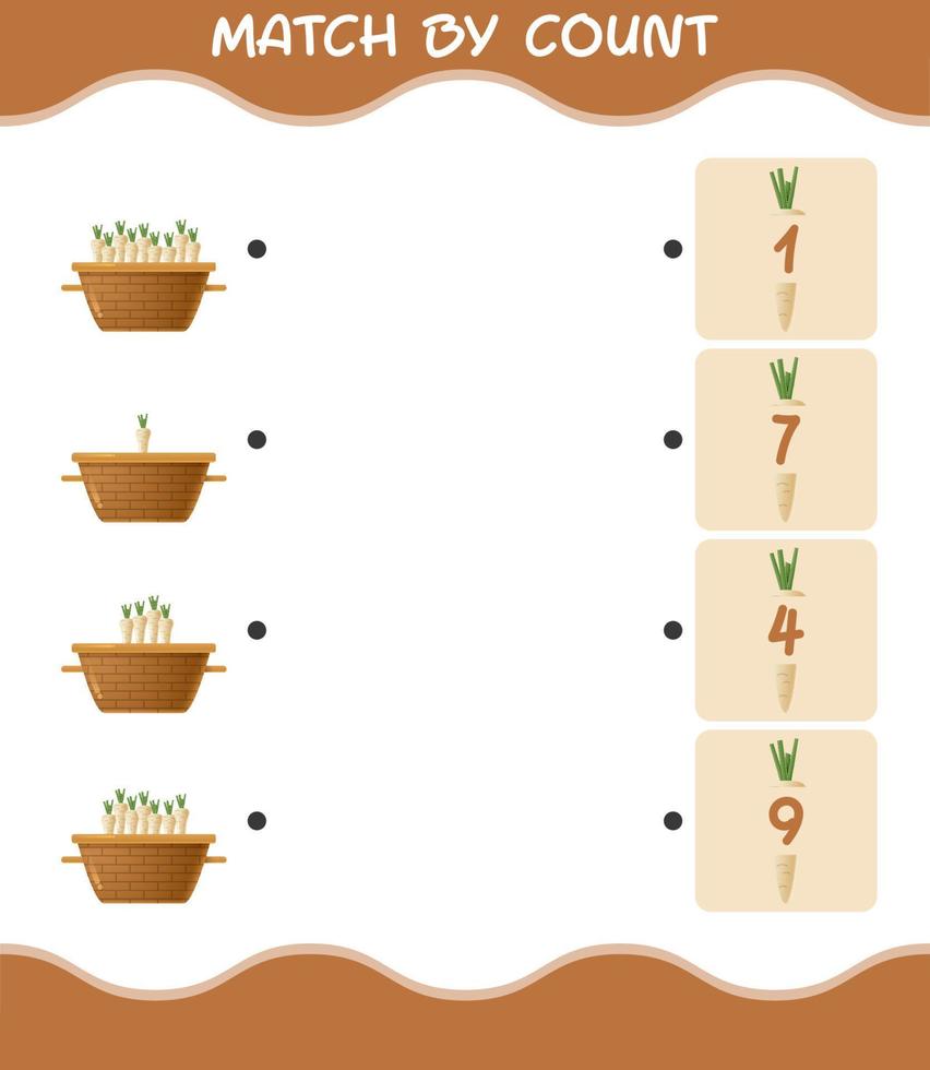 match efter antal tecknad palsternacka. match och räkna spel. pedagogiskt spel för barn och småbarn i förskoleåldern vektor