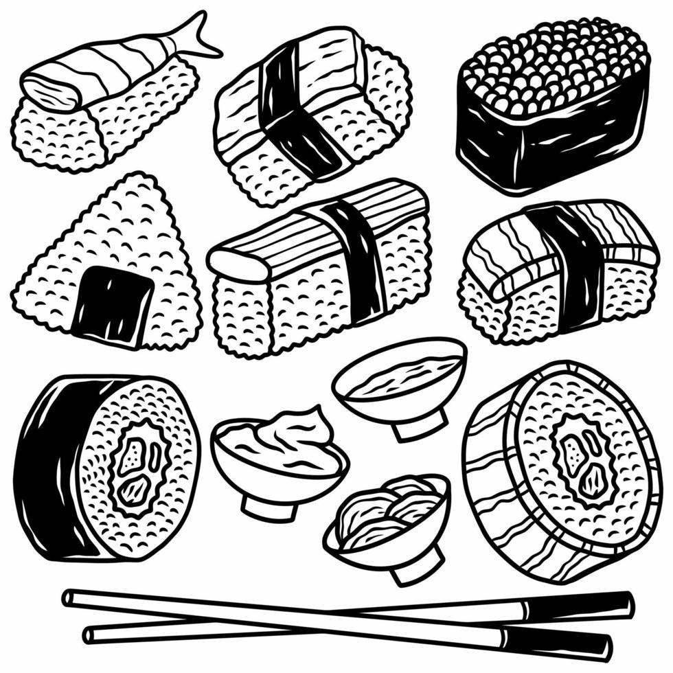 doodle sushi ikoner vektor illustration