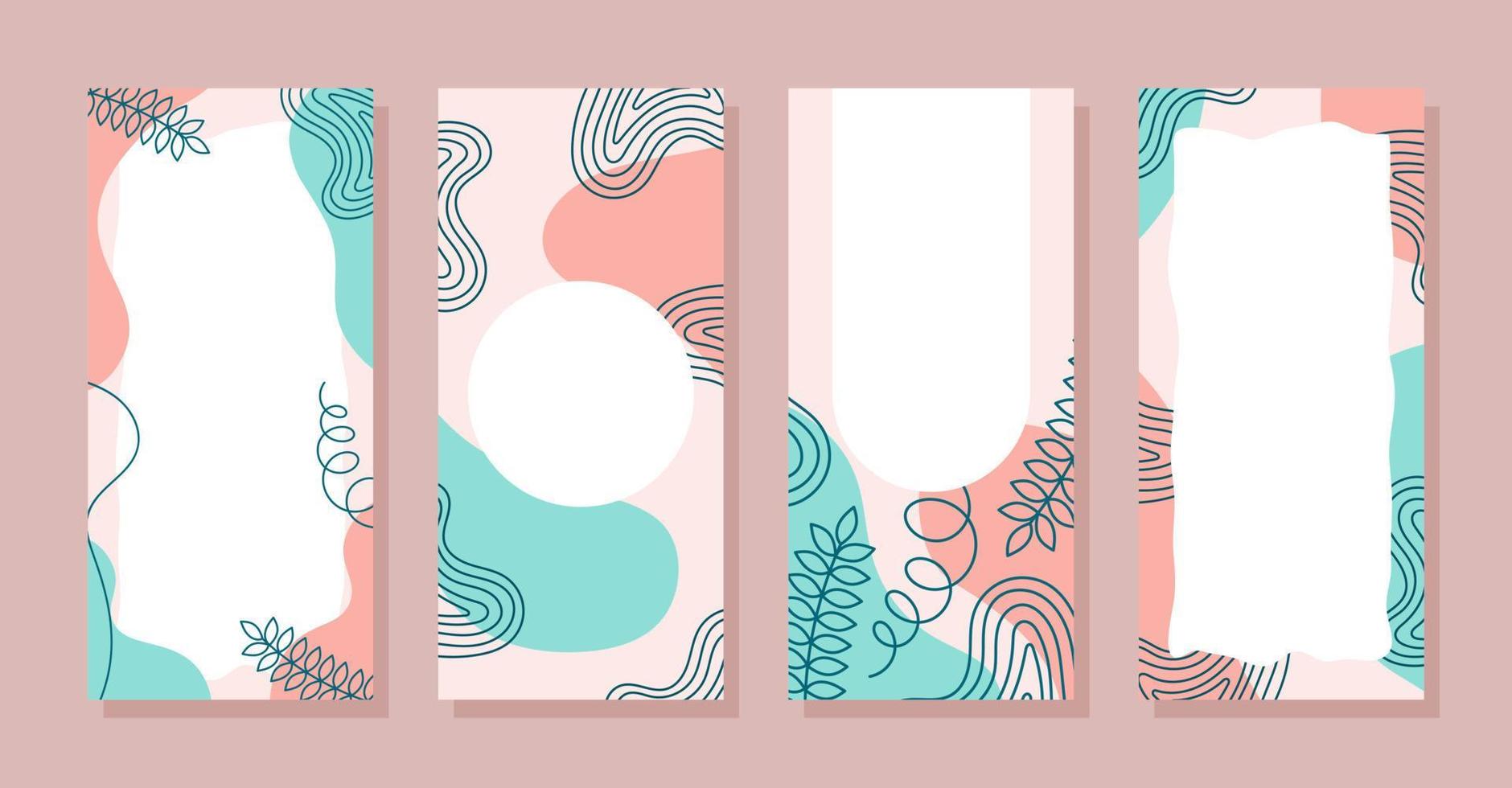 uppsättning berättelser färgglada memphis moderna abstrakta former blå rosa pastell med blad bakgrunder vektor