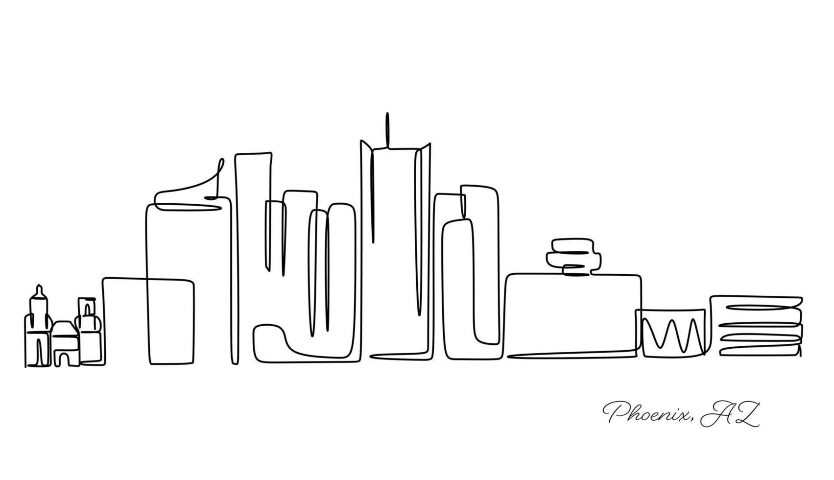 kontinuerlig linjeritning av phoenix city skyline, USA. vackert landmärke. världslandskapsturism och resesemester. redigerbara eleganta stroke en rad rita design vektorillustration vektor