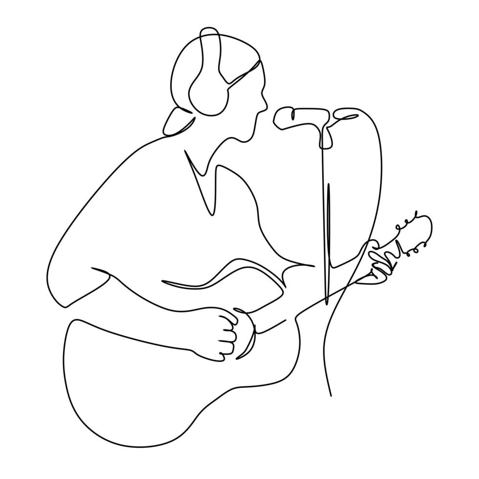kontinuerlig enkel radteckning av en manlig sångare sjunga en sång och spela musik. vektor illustration av musiker konstnär prestanda koncept