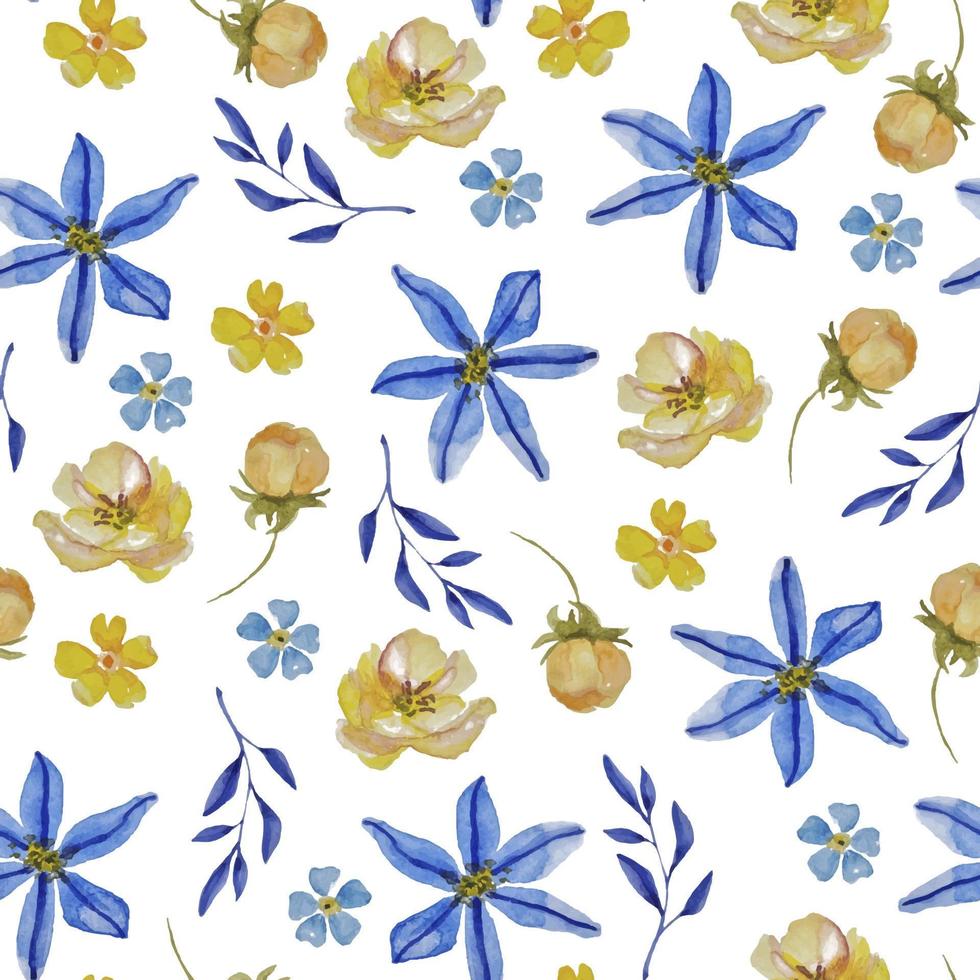 nahtlose Blumenaquarellmuster. handgezeichnete blaue und gelbe Blumen. Farben der Ukraine vektor