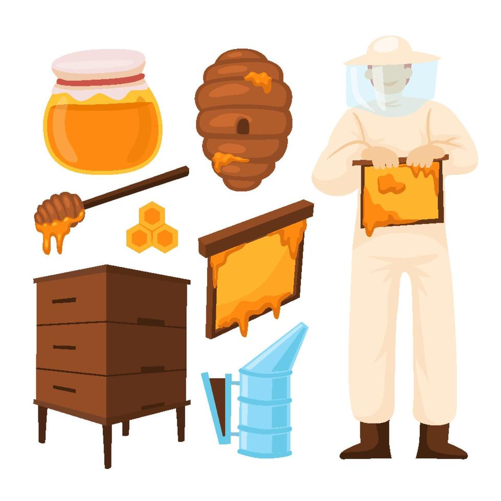 handritad uppsättning av söta biodlarobjekt karaktärselement, vektorillustrationsuppsättning med honung, bikupa, burk och rökare vektor