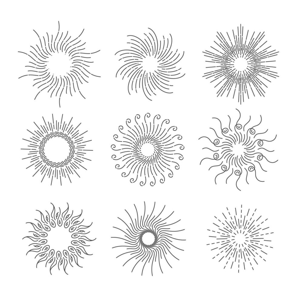 handritad uppsättning av sunburst, stjärna, fyrverkeri explosion, logotyp, emblem, tagg. webbbanner. vektor illustration. bohemisk symbol spricker solens strålar. ljusstrålar i linjekonst.