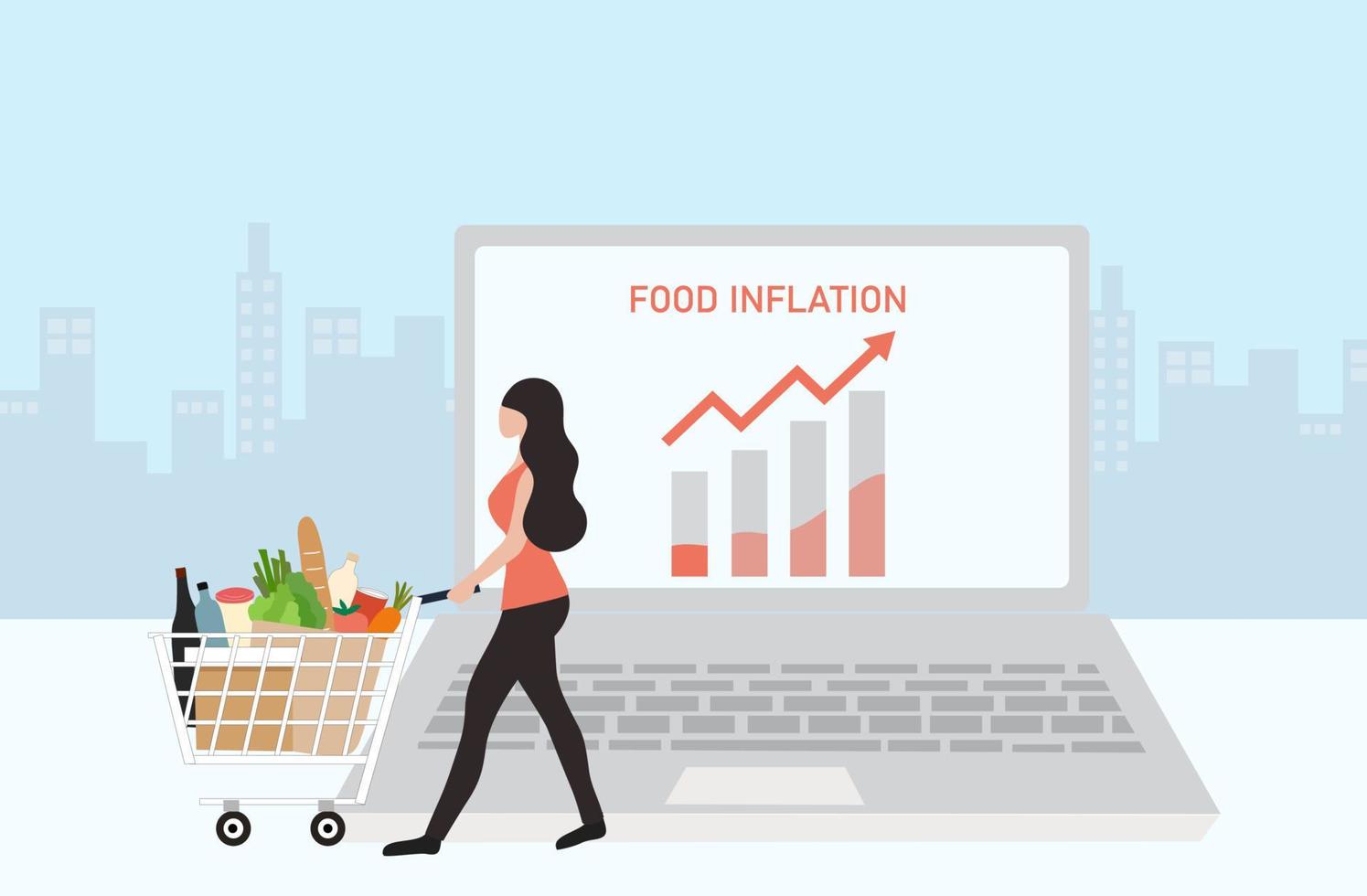matinflation och kris, kvinna med matvarukorg och stigande pildiagram vektorillustration. livsmedelsinflation, matprishöjningar från ekonomisk recession vektor