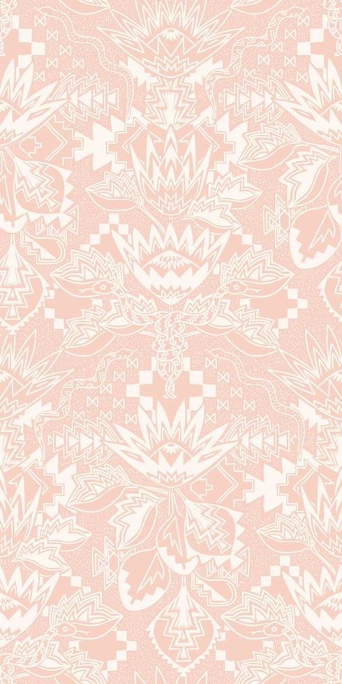 Vektor nahtlose Muster. sommergarten florale motive tribal boho damast. einfache einfarbige pastellrosa und cremefarbene Farbe. symmetrische Hipster-Schlange und Protea aztekische Navajo-Wildnis-Wiederholungsfliese