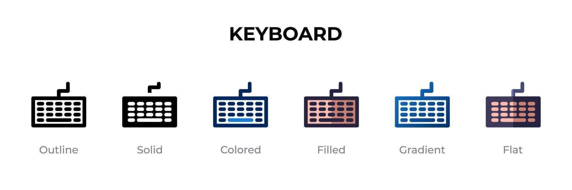 Tastatursymbol in verschiedenen Stilen. Tastaturvektorsymbole, die in Umrissen, soliden, farbigen, gefüllten, Farbverläufen und flachen Stilen gestaltet sind. Symbol, Logoabbildung. Vektor-Illustration vektor