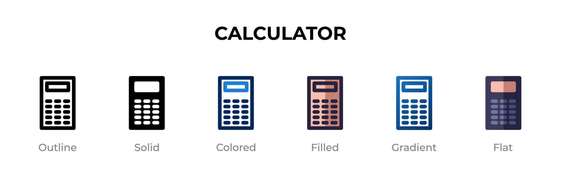 Taschenrechner-Symbol in verschiedenen Stilen. Taschenrechner-Vektorsymbole, die in Umrissen, soliden, farbigen, gefüllten, Farbverläufen und flachen Stilen entworfen wurden. Symbol, Logoabbildung. Vektor-Illustration vektor