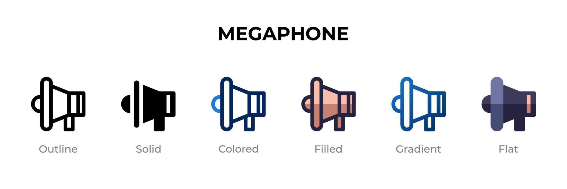 megafonikon i annan stil. megafon vektor ikoner designade i kontur, solid, färgad, fylld, gradient och platt stil. symbol, logotyp illustration. vektor illustration