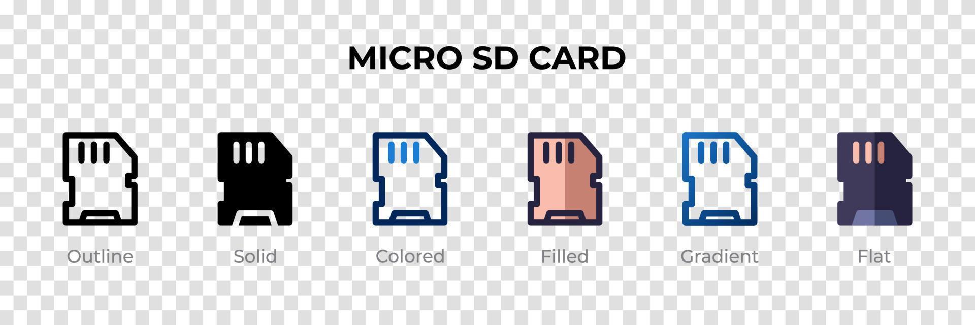 Micro-SD-Kartensymbol in verschiedenen Stilen. Mikro-SD-Karten-Vektorsymbole, die in Umrissen, soliden, farbigen, gefüllten, Farbverläufen und flachen Stilen gestaltet sind. Symbol, Logoabbildung. Vektor-Illustration vektor