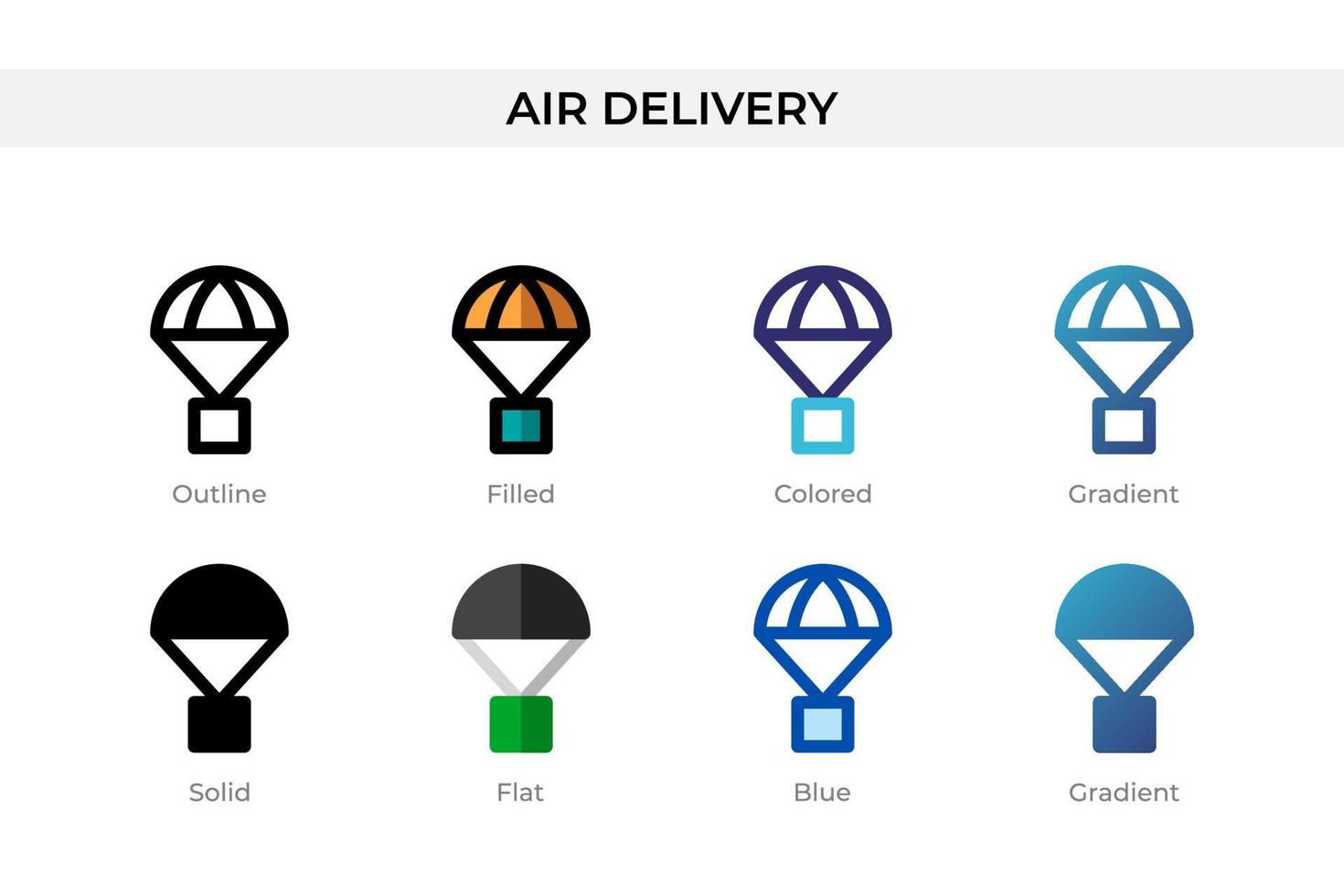Luftlieferungssymbol in verschiedenen Stilen. Vektorsymbole für die Luftlieferung, die in Umrissen, soliden, farbigen, gefüllten, Farbverläufen und flachen Stilen entworfen wurden. Symbol, Logoabbildung. Vektor-Illustration vektor