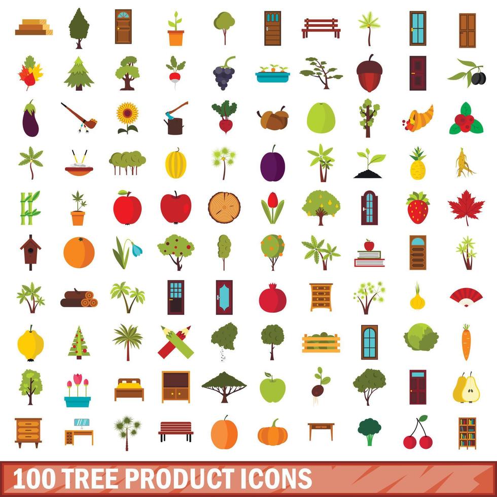 100 träd produkt ikoner set, platt stil vektor