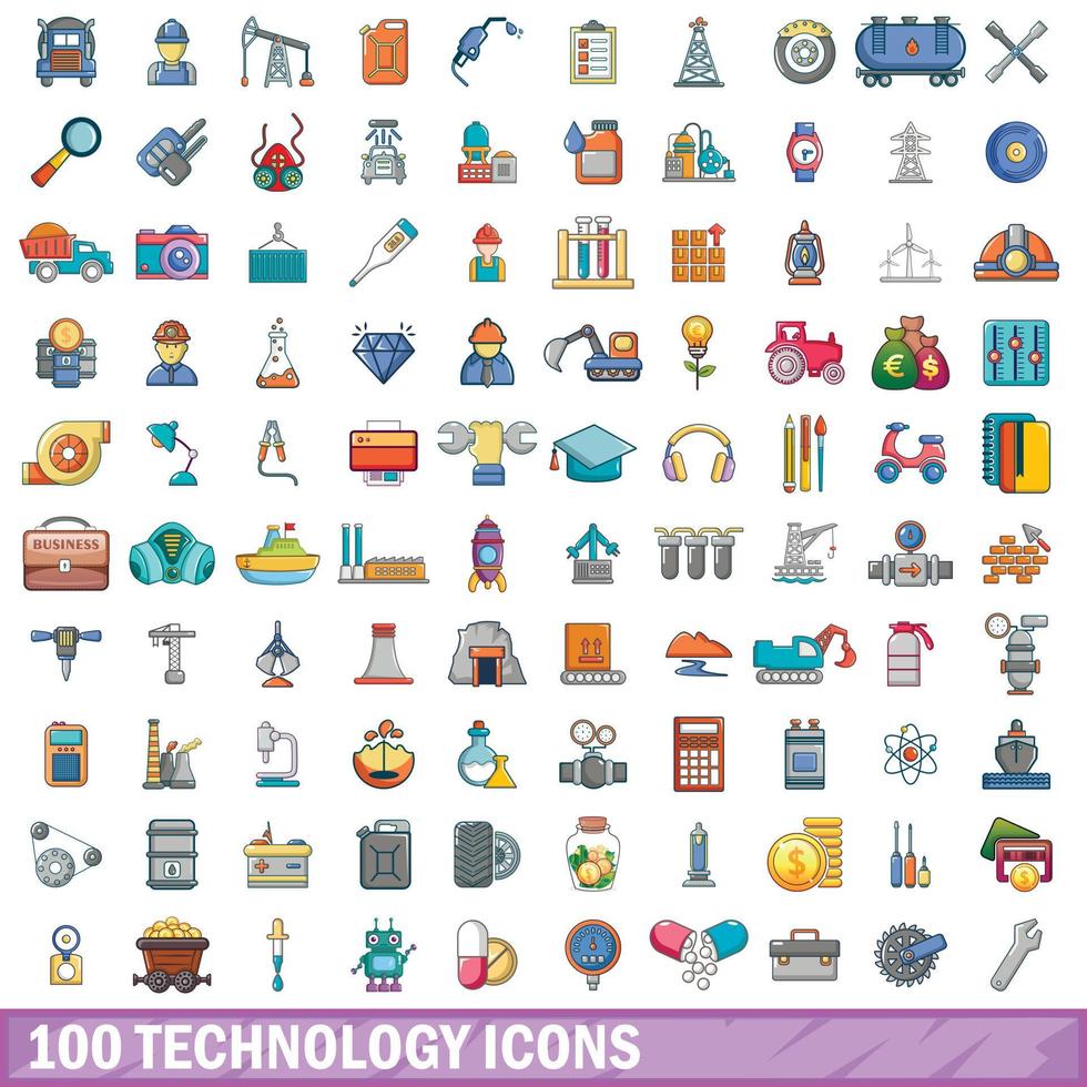 100 teknik ikoner set, tecknad stil vektor