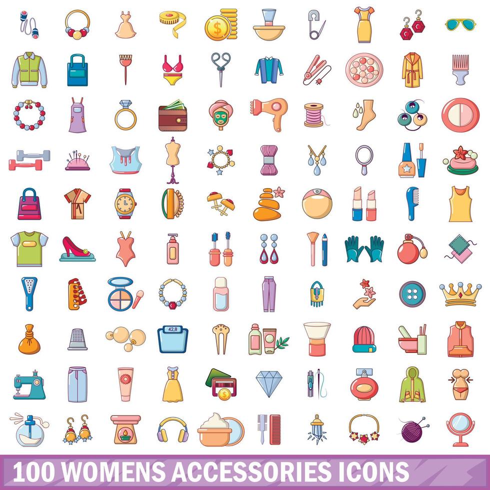 100 Symbole für Damenaccessoires im Cartoon-Stil vektor