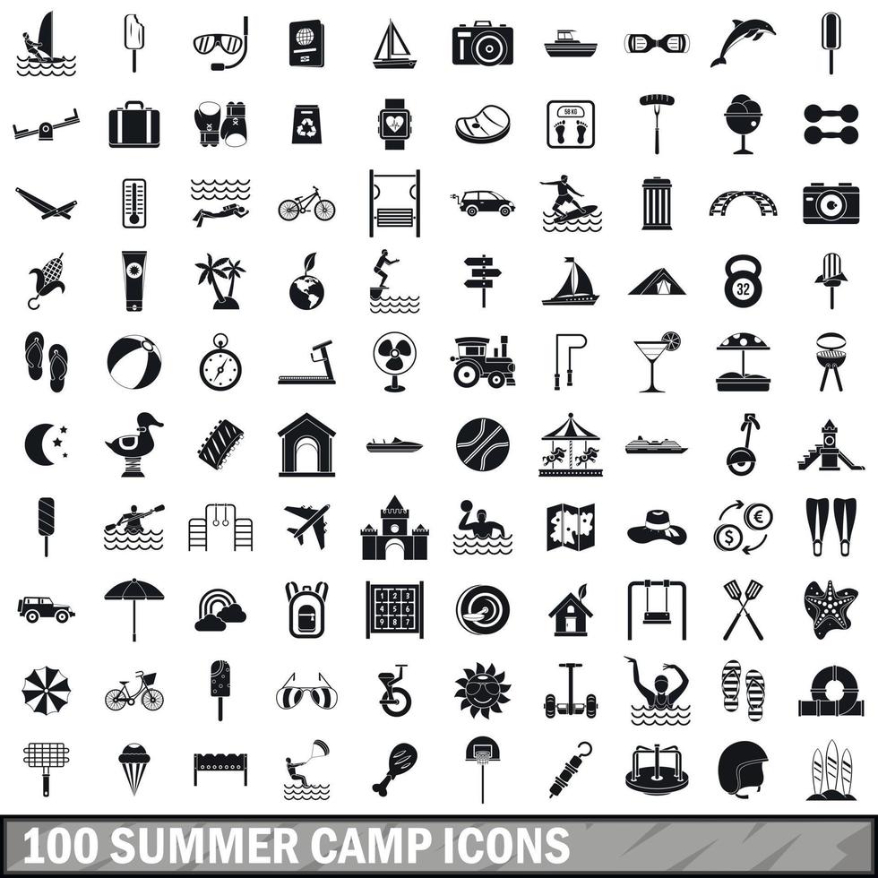 100 Sommercamp-Icons gesetzt, einfacher Stil vektor