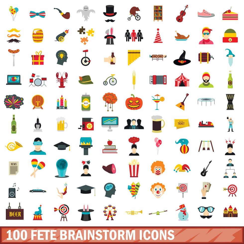 100 Fete-Brainstorming-Icons gesetzt, flacher Stil vektor