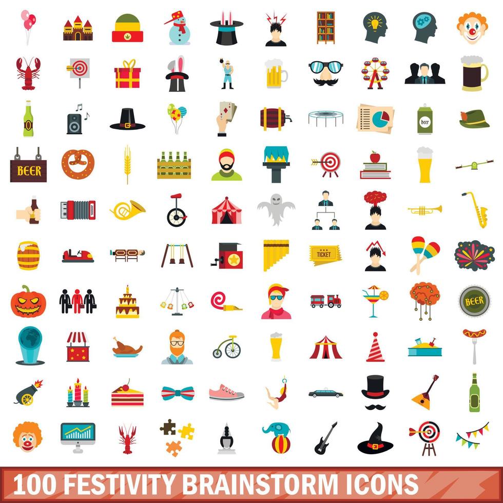 100 festliche Brainstorming-Icons gesetzt, flacher Stil vektor