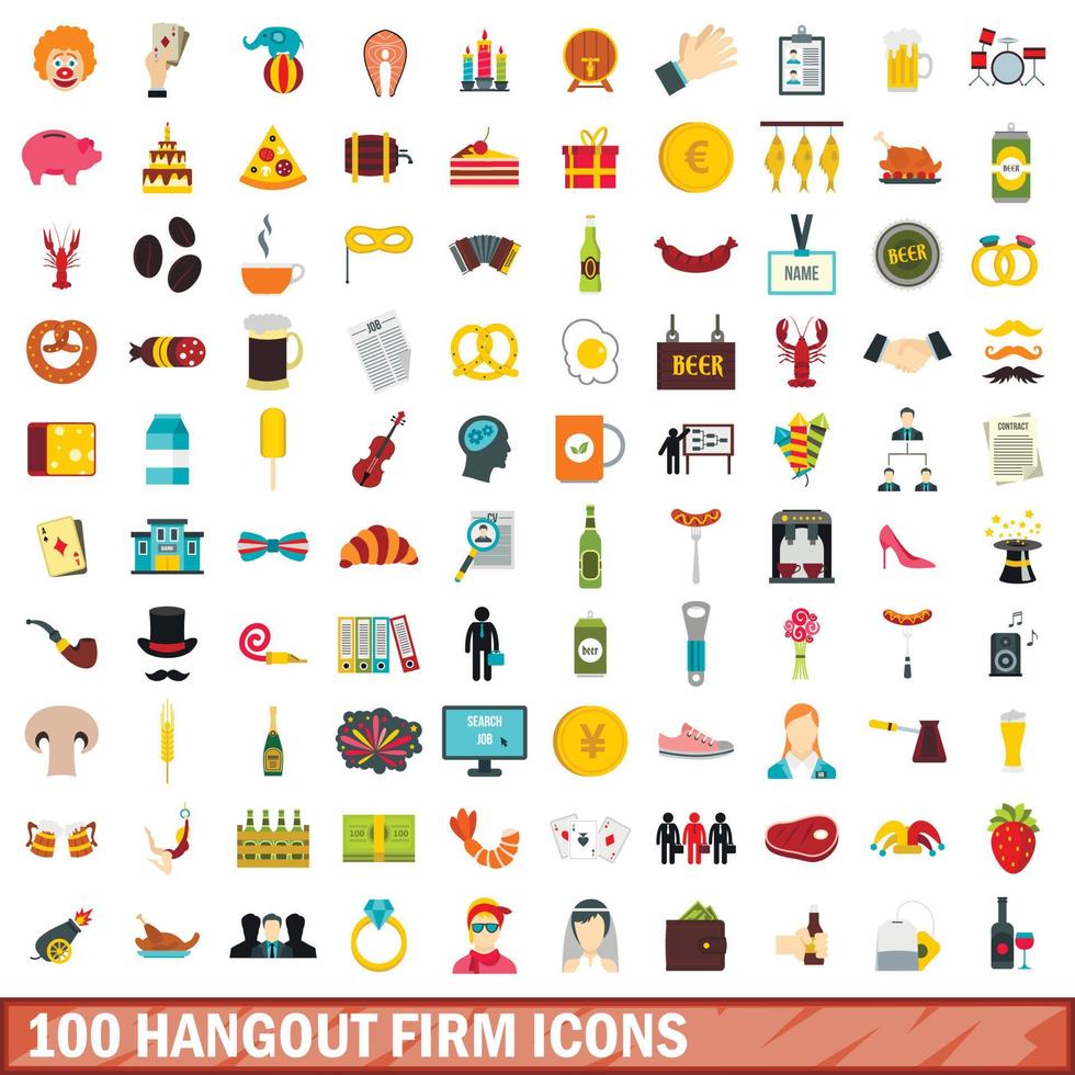 100 hangout fast ikoner set, platt stil vektor