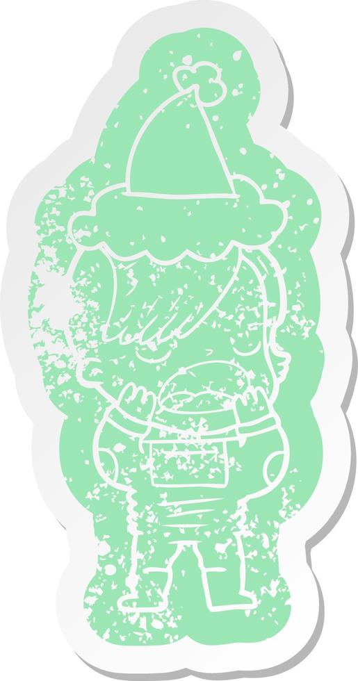 Cartoon-Distressed-Sticker eines coolen Hipster-Mädchens im Raumanzug mit Weihnachtsmütze vektor