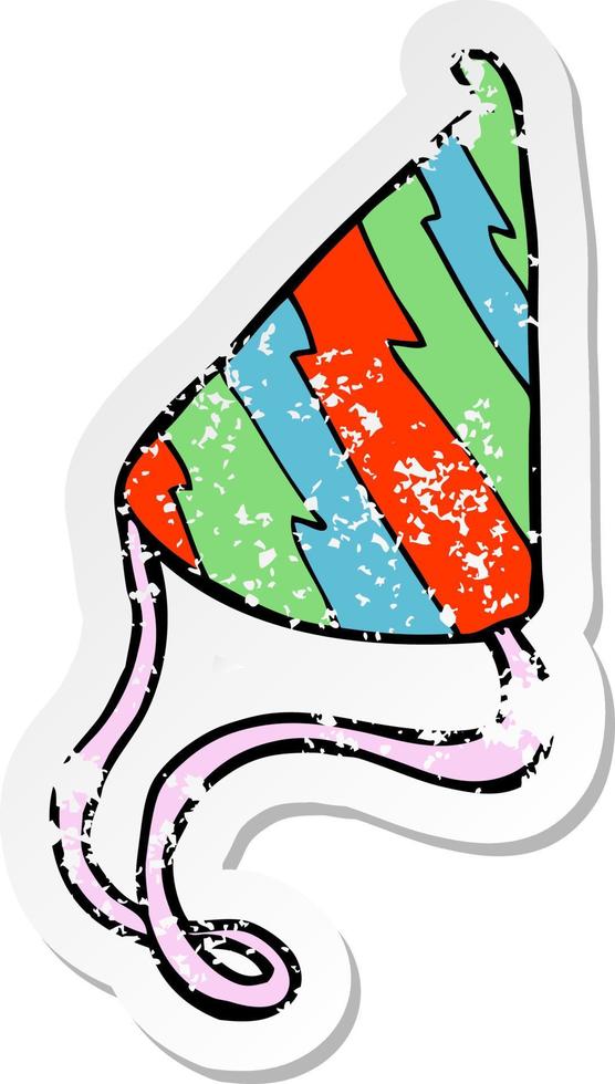 Retro beunruhigter Aufkleber eines Cartoon-Partyhutes vektor