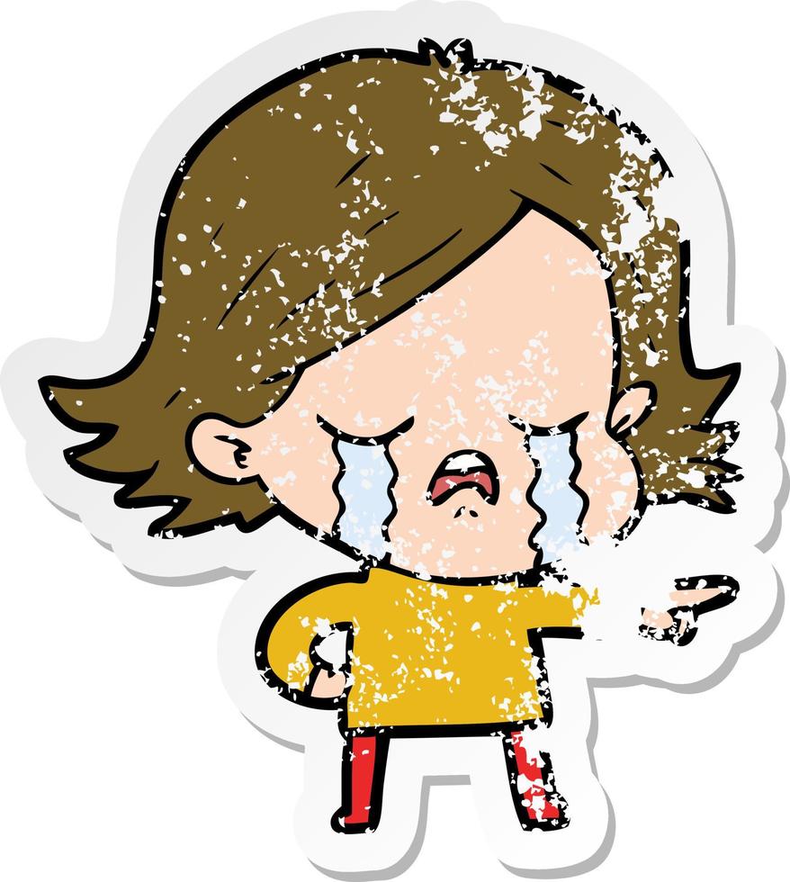 bedrövad klistermärke av en tecknad flicka som gråter och pekar vektor
