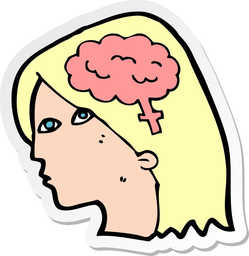 Aufkleber eines Cartoon-Frauenkopfes mit Gehirnsymbol vektor