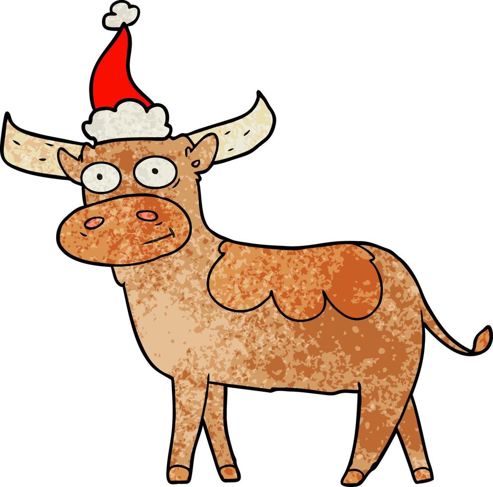 strukturierter Cartoon eines Stiers mit Weihnachtsmütze vektor