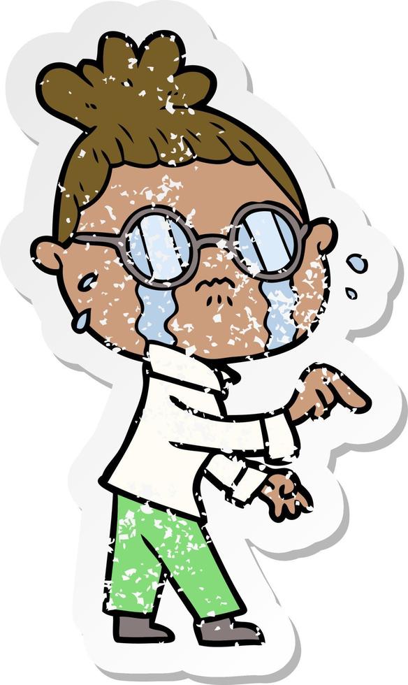 Distressed-Sticker einer weinenden Cartoon-Frau mit Brille vektor