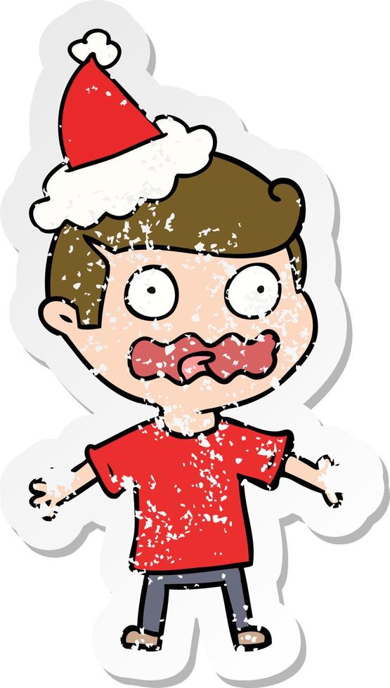 Distressed Sticker Cartoon eines Mannes, der total gestresst ist und eine Weihnachtsmütze trägt vektor